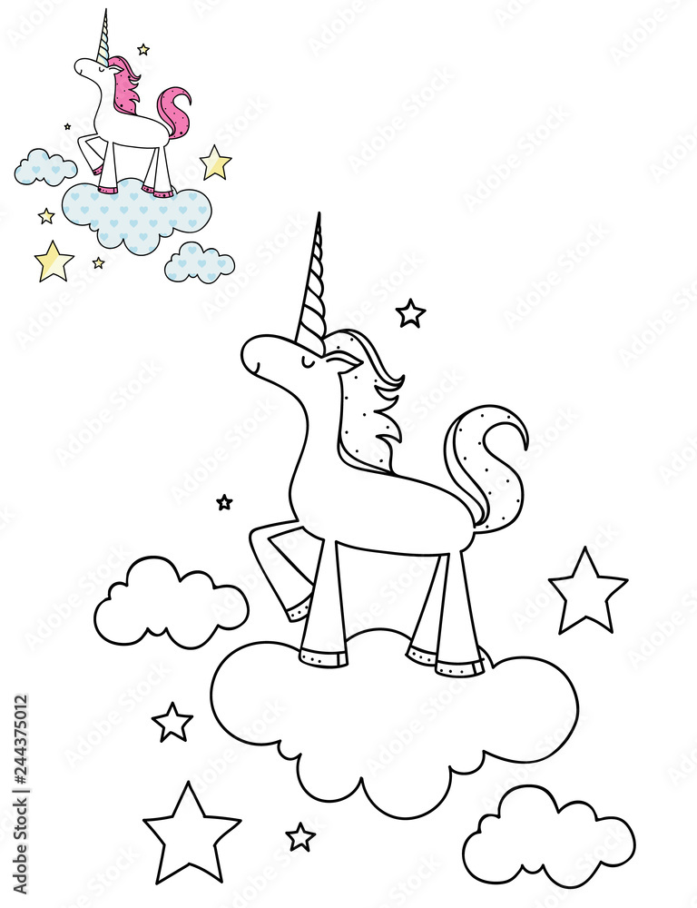 Coloring page outline of cartoon cute unicorn on a cloud. Hand drawn ...