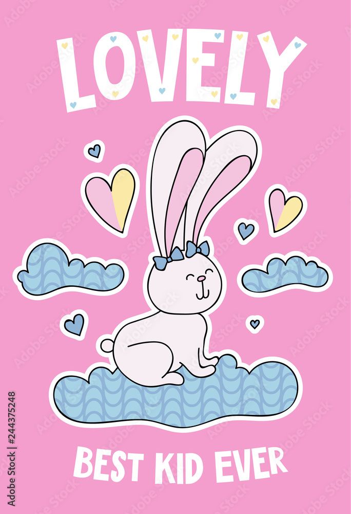 Cute rabbit on a cloud cartoon hand drawn vector illustration. Can be used for t-shirt print, kids wear fashion design, childrens pyjamas, baby shower, invitation card, poster. Best kid ever. Cute rabbit on a cloud cartoon hand drawn vector illustration. Can be used for t-shirt print, kids wear fashion design, childrens pyjamas, baby shower, invitation card, poster. Best kid ever.
