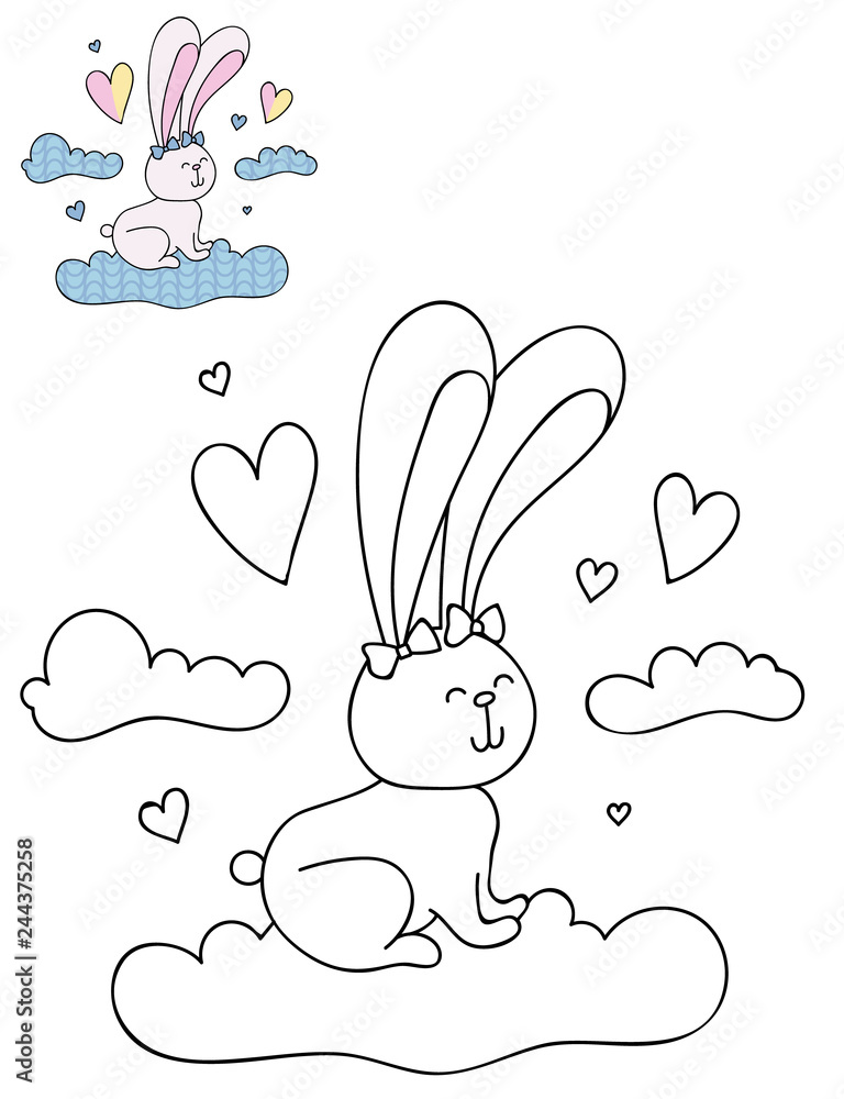 Coloring page outline of cartoon cute rabbit on a cloud. Hand drawn ...