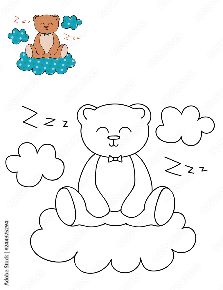 Coloring page outline of cartoon cute bear on a cloud. Hand drawn ...