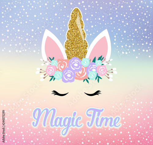 Cute unicorn vector graphic design. Cartoon unicorn head with flower crown illustration - magic time