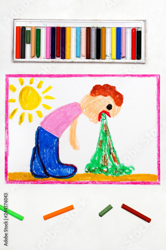 Colorful drawing: Vomiting man. A sign of food poisoning or the effect of drinking alcohol photo