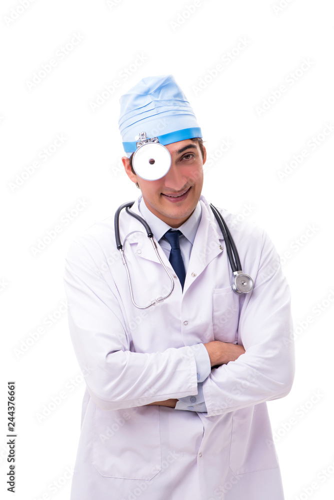 Young handsome doctor otolaryngologist isolated on white Young handsome doctor otolaryngologist isolated on white
