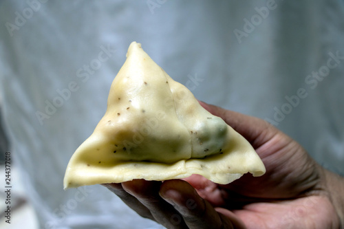 A male hand holding a samosa photo