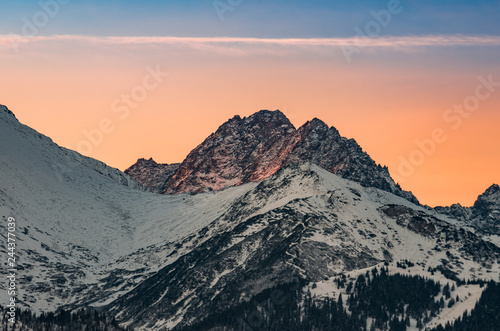 Tatra mountains landscape, winter sunrise over Gerlach