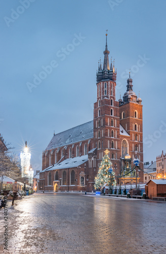 Krakow, Poland, Christmas tree on Main Market Square and St Mary's church