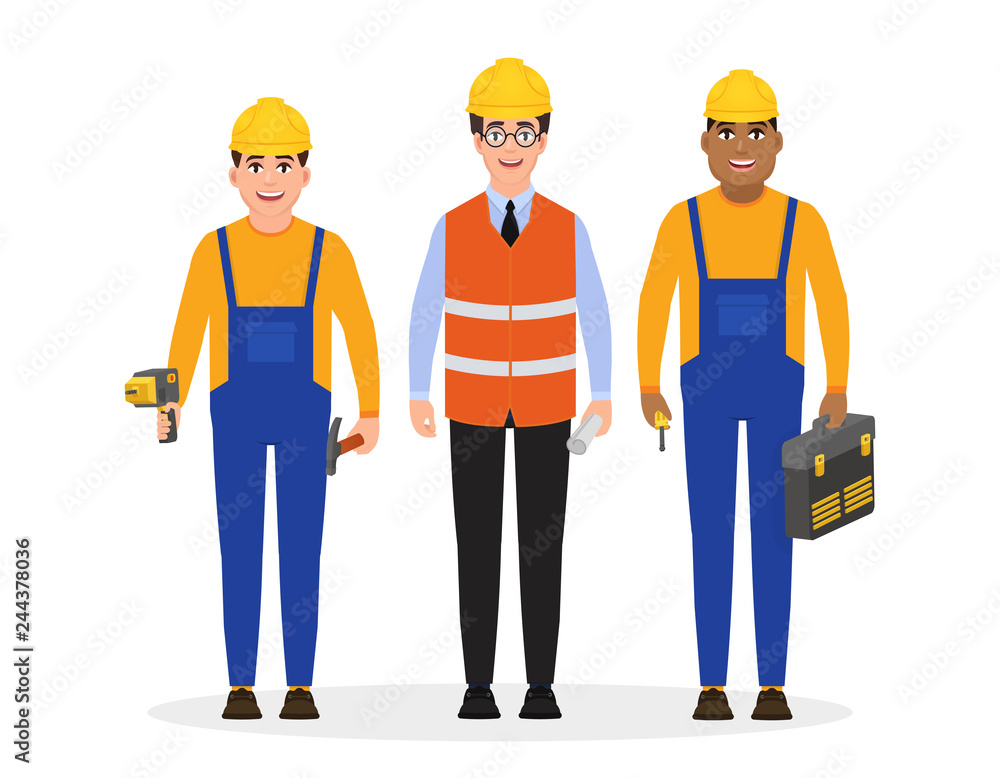 Male builders dressed in work clothes and a construction helmet and holding construction tools, three characters in flat style, vector illustration Male builders dressed in work clothes and a construction helmet and holding construction tools, three characters in flat style, vector illustration