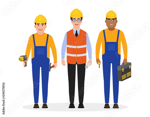 Male builders dressed in work clothes and a construction helmet and holding construction tools, three characters in flat style, vector illustration
