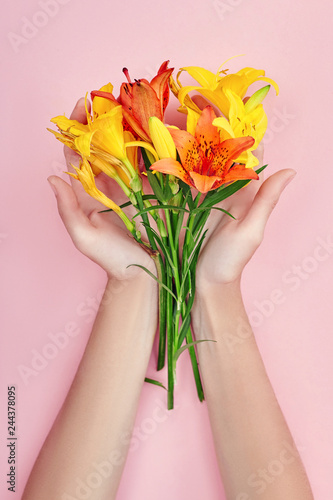 Hands and spring flowers are on a pink table skincare. Nature Cosmetics for hand skin care, a means to reduce wrinkles on hands, moisturizing. Natural cosmetics from flower extract, beauty and fashion