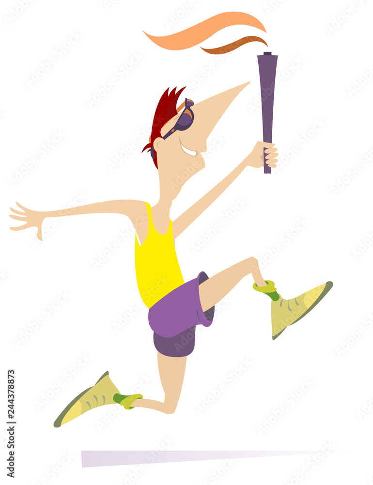 Fototapeta premium Running man holds the Olympic flame illustration. Smiling running young sportsman with a the torch of sport isolated on white illustration 