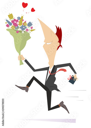 Smiling running man with a bunch of flowers and present box illustration. Lucky man falls in love and hurries to give to his woman a bunch of flowers and present isolated on white illustration
