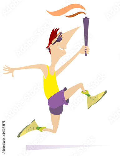 Running man holds the Olympic flame illustration. Smiling running young sportsman with a the torch of sport isolated on white illustration 
