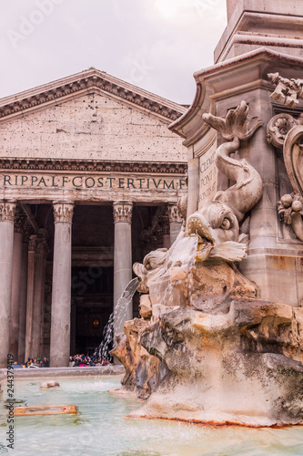 Photography Roman temple Pantheon view with a fountain, Italy