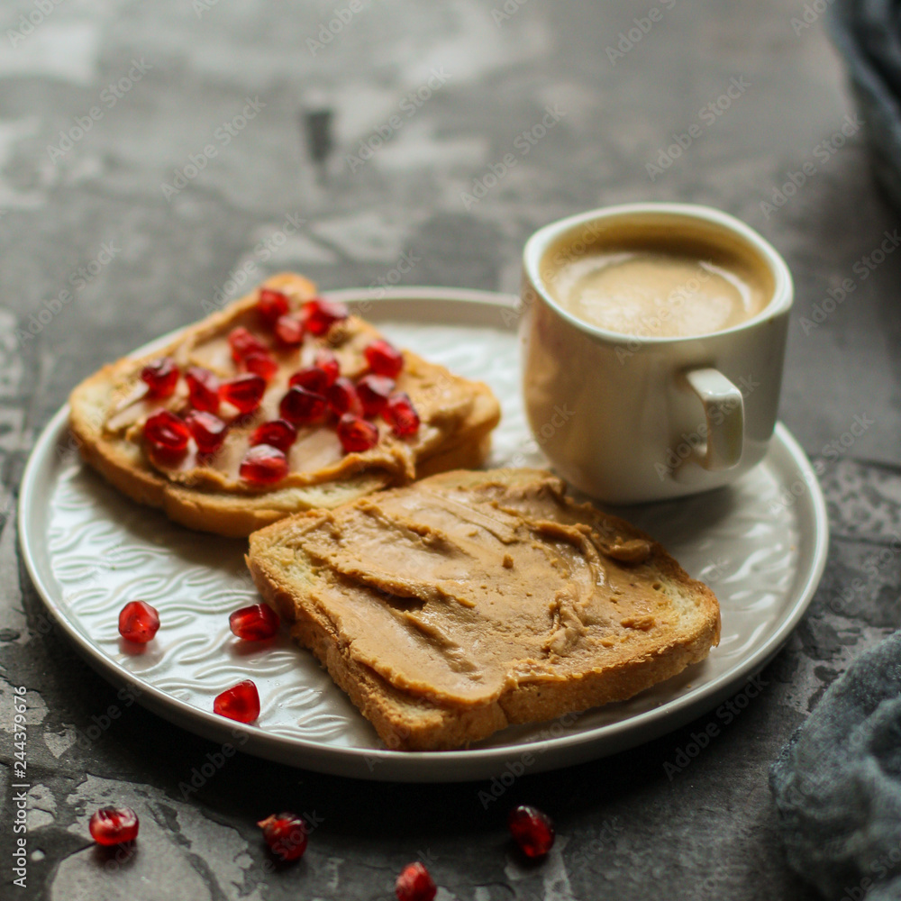 sandwich, pomegranate, peanut butter (sweet snack). Top Food background sandwich, pomegranate, peanut butter (sweet snack). Top Food background