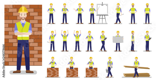 Set of builder characters on a white background in various poses. Flat illustrations for design.