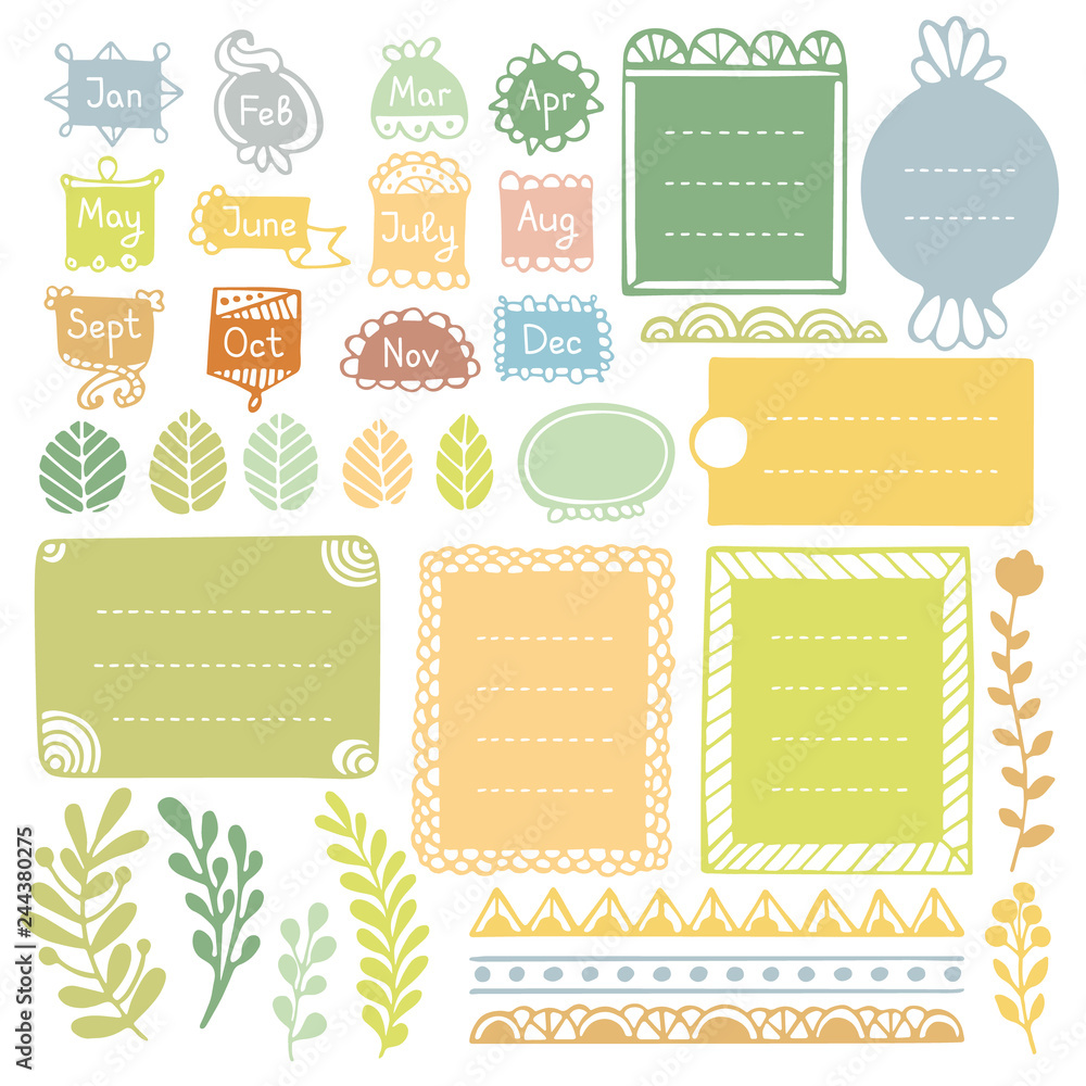Bullet journal hand drawn vector elements for notebook, diary and planner. Cute doodle frames set isolated on white background. 