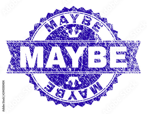 MAYBE rosette stamp seal imprint with grunge texture. Designed with round rosette, ribbon and small crowns. Blue vector rubber watermark of MAYBE tag with grunge texture.