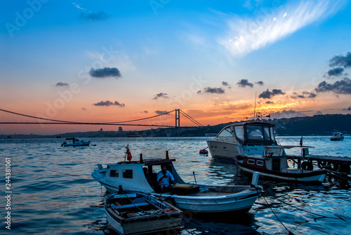 Istanbul, Turkey, 20 August 2015: Sunset, Boats and Bosphorus Bridge, Cengelkoy