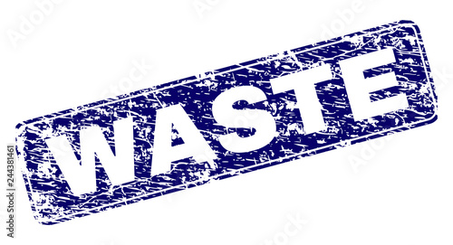 WASTE stamp seal print with grunge style. Seal shape is a rounded rectangle with frame. Blue vector rubber print of WASTE tag with grunge style.