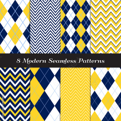 Navy Blue, Yellow and White with Baby Blue Accent Lines Argyle and Chevron Vector Patterns. Preppy Nautical or Golf Backgrounds. Royal Blue & Gold. Repeating Pattern Tile Swatches Included.