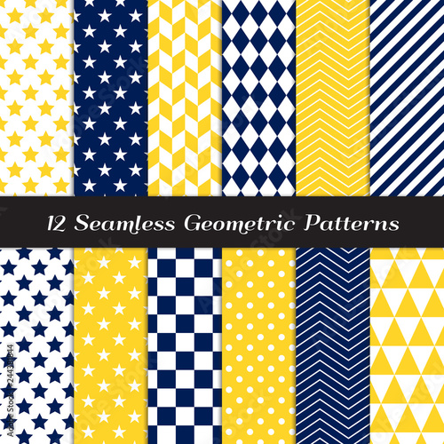 Navy Blue, Yellow and White Geometric Vector Patterns. Herringbone, Harlequin, Triangles, Chevron, Dots, Checks, Stars & Stripes Print Backgrounds. Royal Blue & Gold. Pattern Tile Swatches included.