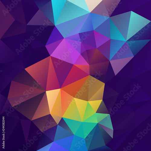 vector abstract irregular polygon square background - triangle low poly pattern - dark purple violet with neon full spectrum multi color rainbow