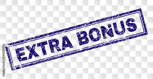 EXTRA BONUS stamp seal print with corroded style and double framed rectangle shape. Stamp is placed on a transparent background. Blue vector rubber print of EXTRA BONUS text with corroded texture.