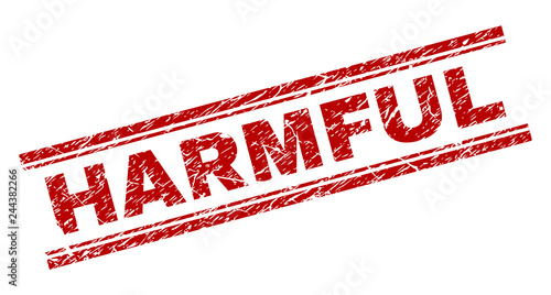 HARMFUL seal watermark with grunge texture. Red vector rubber print of HARMFUL text with retro texture. Text caption is placed between double parallel lines.