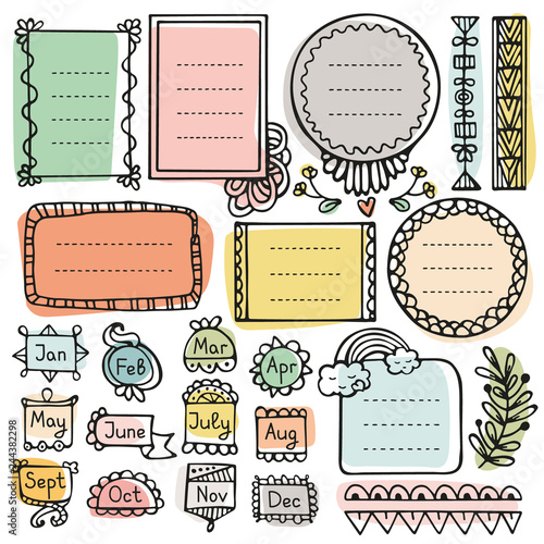 Bullet journal hand drawn vector elements for notebook, diary and planner. Cute doodle frames set isolated on white background. 