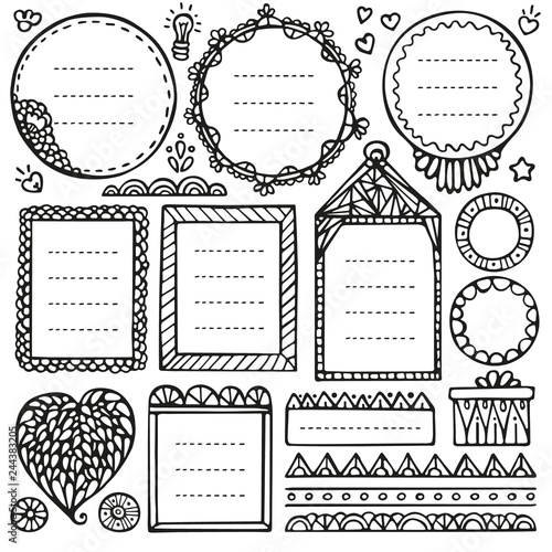 Bullet journal hand drawn vector elements for notebook, diary and planner. Cute doodle frames set isolated on white background. 