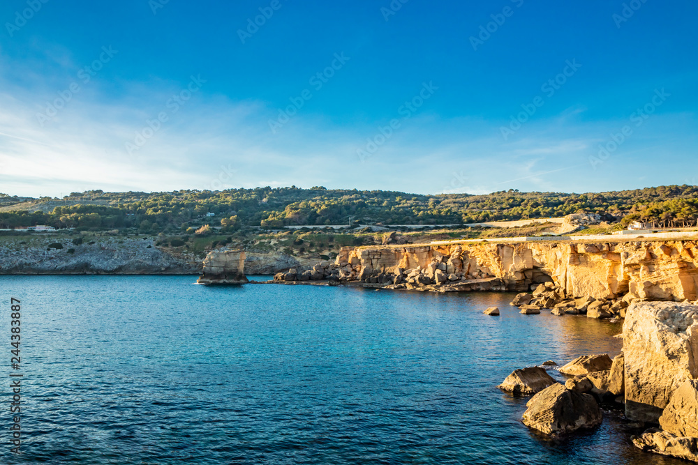 The amazing panorama of the sea with the rocks, in Porto Miggiano. Bleak and rocky landscape with a splendid view of the sea. Santa Cesarea Terme, Puglia, Salento, Italy. The amazing panorama of the sea with the rocks, in Porto Miggiano. Bleak and rocky landscape with a splendid view of the sea. Santa Cesarea Terme, Puglia, Salento, Italy.