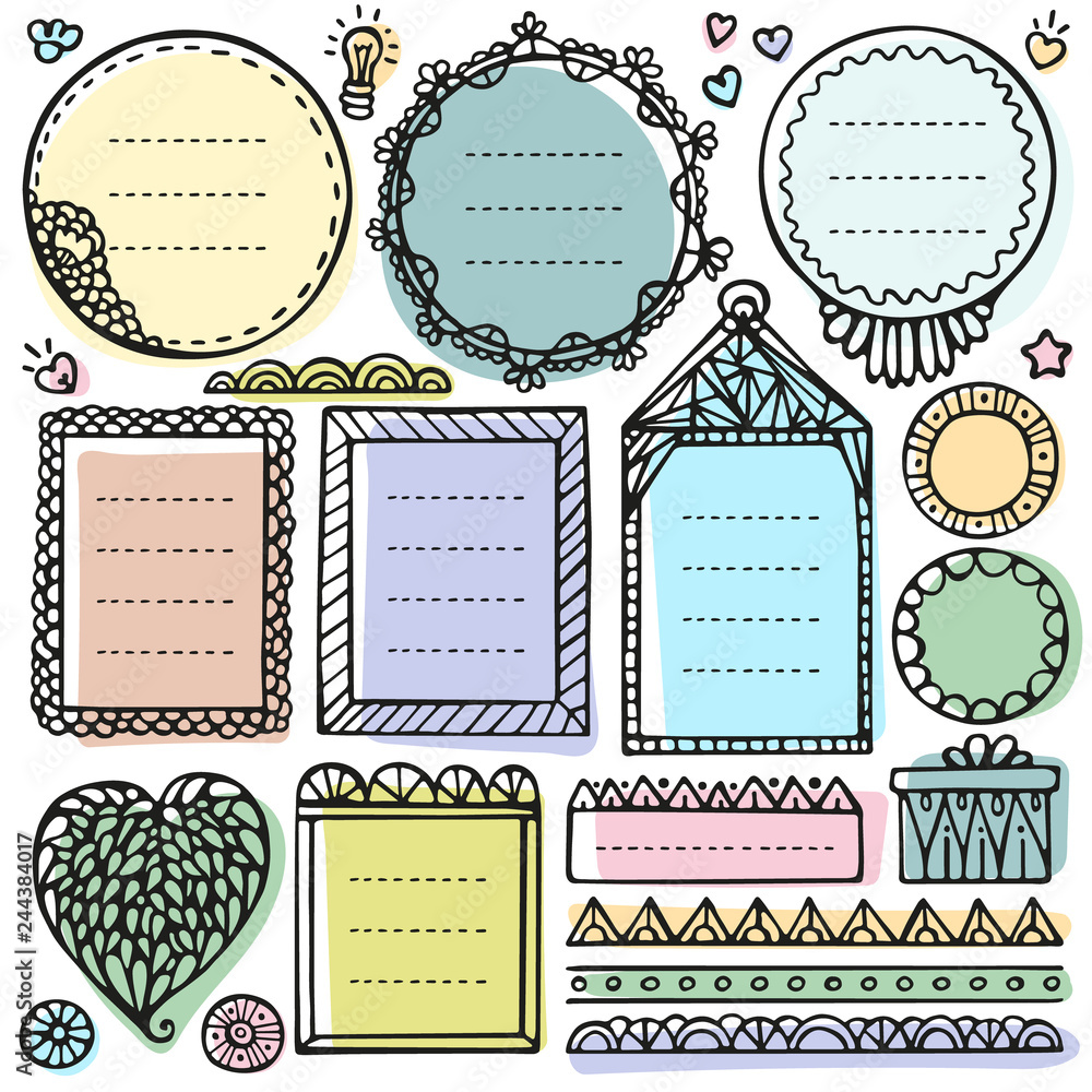 Bullet journal hand drawn vector elements for notebook, diary and planner. Cute doodle frames set isolated on white background. Bullet journal hand drawn vector elements for notebook, diary and planner. Cute doodle frames set isolated on white background.