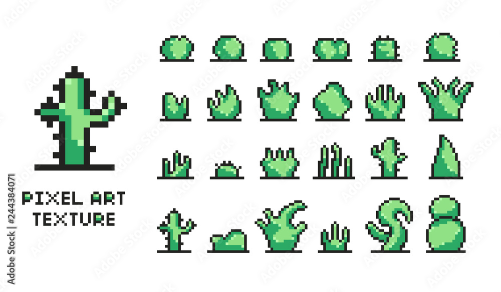 Set of pixel art green bushes on white background 8 bit isolated vector illustration Set of pixel art green bushes on white background 8 bit isolated vector illustration