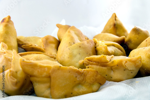 Vegetarian samosas filled with potato and green pea.Indian special traditional street food