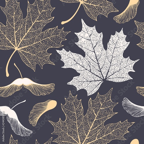 Skeleton maple leaves and seeds seamless pattern