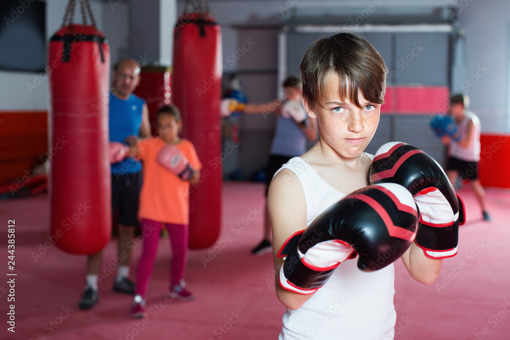 Portrait of young boy with boxing gloves posing