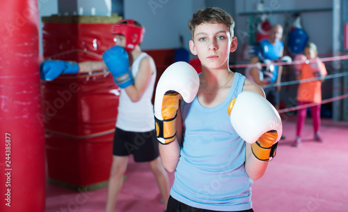 Young serious teenager with boxing gloves posing © JackF