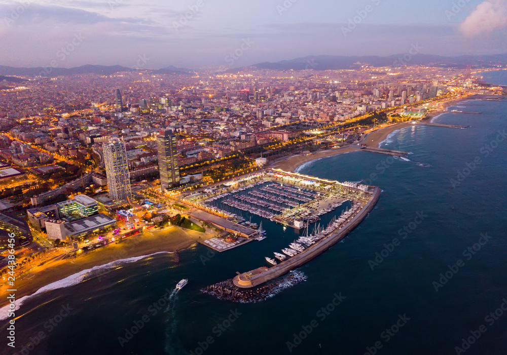 Aerial view from drones of coast in Barcelona and city center