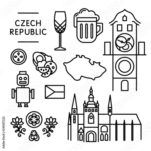 Czech various traditional things icons isolated black outline