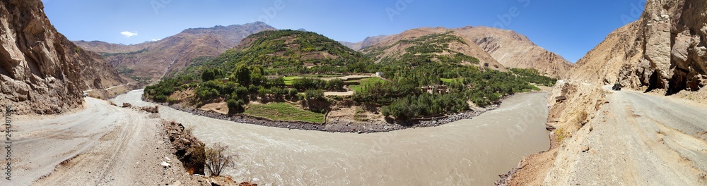 Panj or Amu Daria river and Pamir mountains Tajikistan