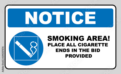 Smoking permited in this place icon. Smoking area. Round blue sign with white pictogram and black text.  illustration isolated on white. Mandatory symbol for public places and outdoors. Notice. photo