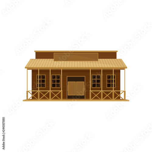 Western saloon with swinging doors and blank signboard. Old wooden house. Architecture theme. Flat vector design