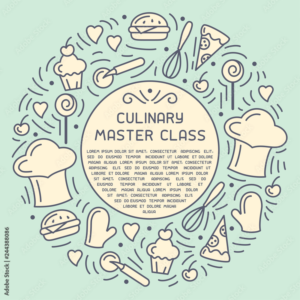 Round concept of culinary master class with doodle style elements and sample text. Suitable for advertising, invitation, banner or card Round concept of culinary master class with doodle style elements and sample text. Suitable for advertising, invitation, banner or card