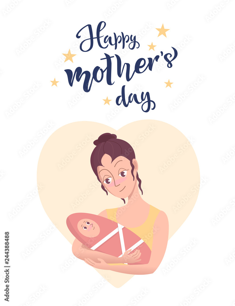 Happy Mother's day card, background. Mother and baby. Vector illustration with beautiful woman and child