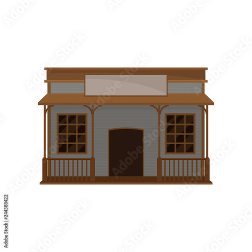 Small western house with wood porch and blank signboard. Old wild west saloon. Wooden building. Flat vector icon © Happypictures