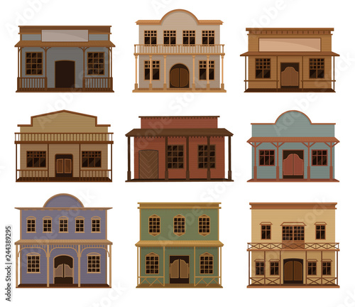 Flat vector set of western houses. Old wild west saloons. Wooden buildings with swinging doors and porches