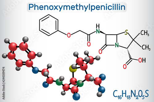 Phenoxymethylpenicillin (penicillin V) antibiotic drug molecule. Structural chemical formula and molecule model