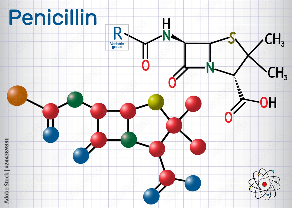 General formula of penicillin (PCN) molecule. It is a group of antibiotics. Sheet of paper in a cage. Structural chemical formula and molecule model General formula of penicillin (PCN) molecule. It is a group of antibiotics. Sheet of paper in a cage. Structural chemical formula and molecule model