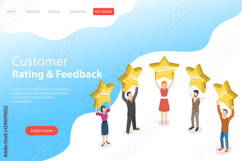 Isometric flat vector landing page template of product rating, customer feedback, positive opinion and review, online survey, five stars.