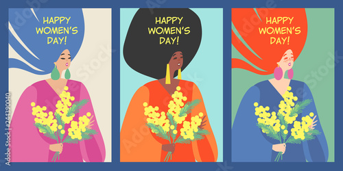 Set of vector cards to the international women's day with lovely young women of different nationalities